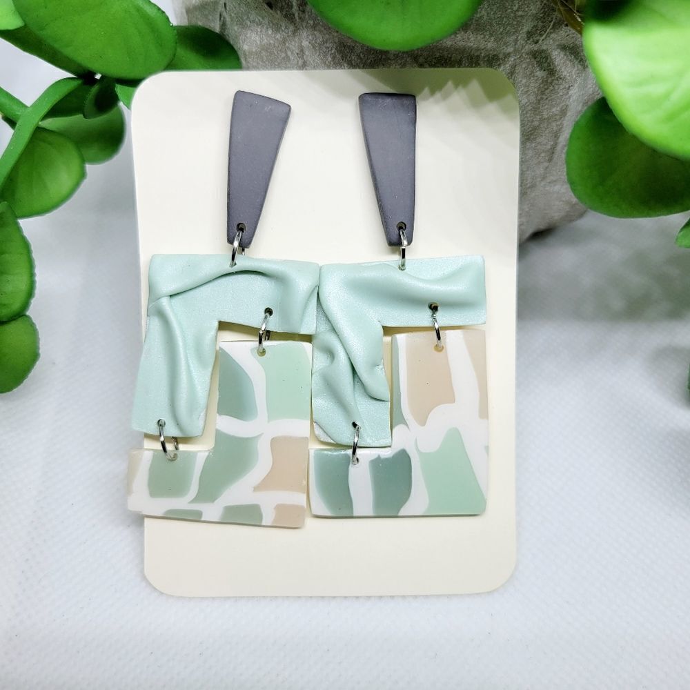 NWT Clay earrings handmade light blue stained glass paired with silk design